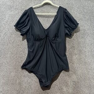 Torrid Retro Chic Swimsuit 4X Black Wireless Puff Sleeve One Piece V Neck UPF 50